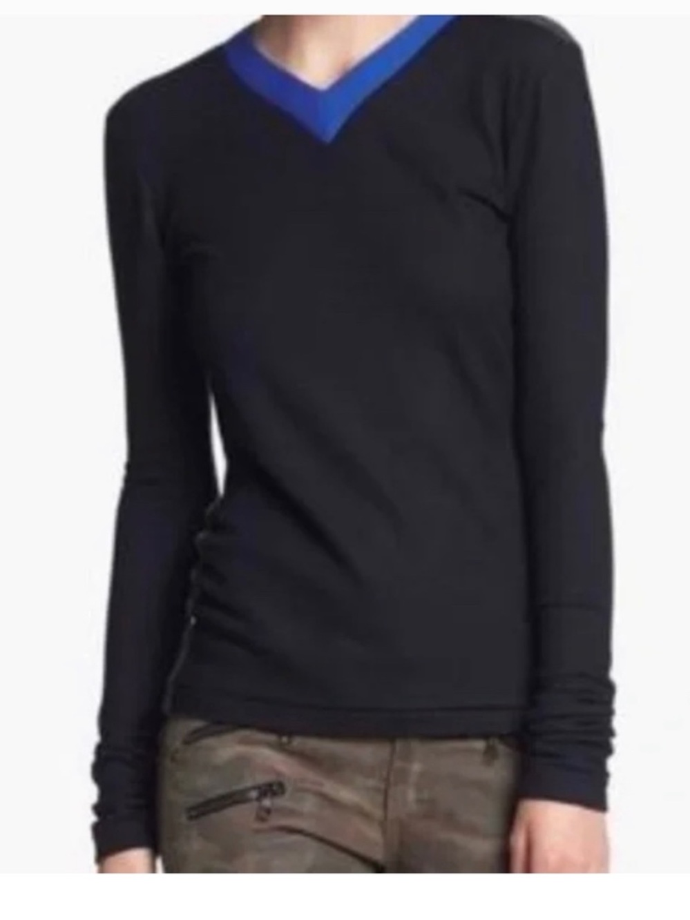 rag & bone Black V‑Neck Sweater with Blue Trim